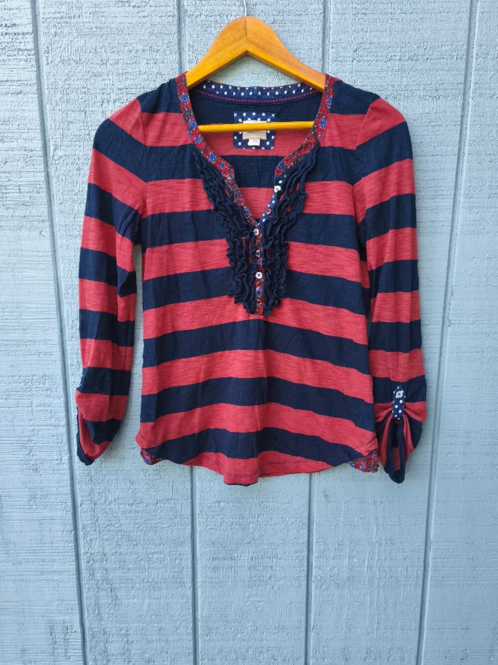 y2k Anthropologie Striped Ruffle Henley Cotton Tee sz XS Navy Red Coquette Indie